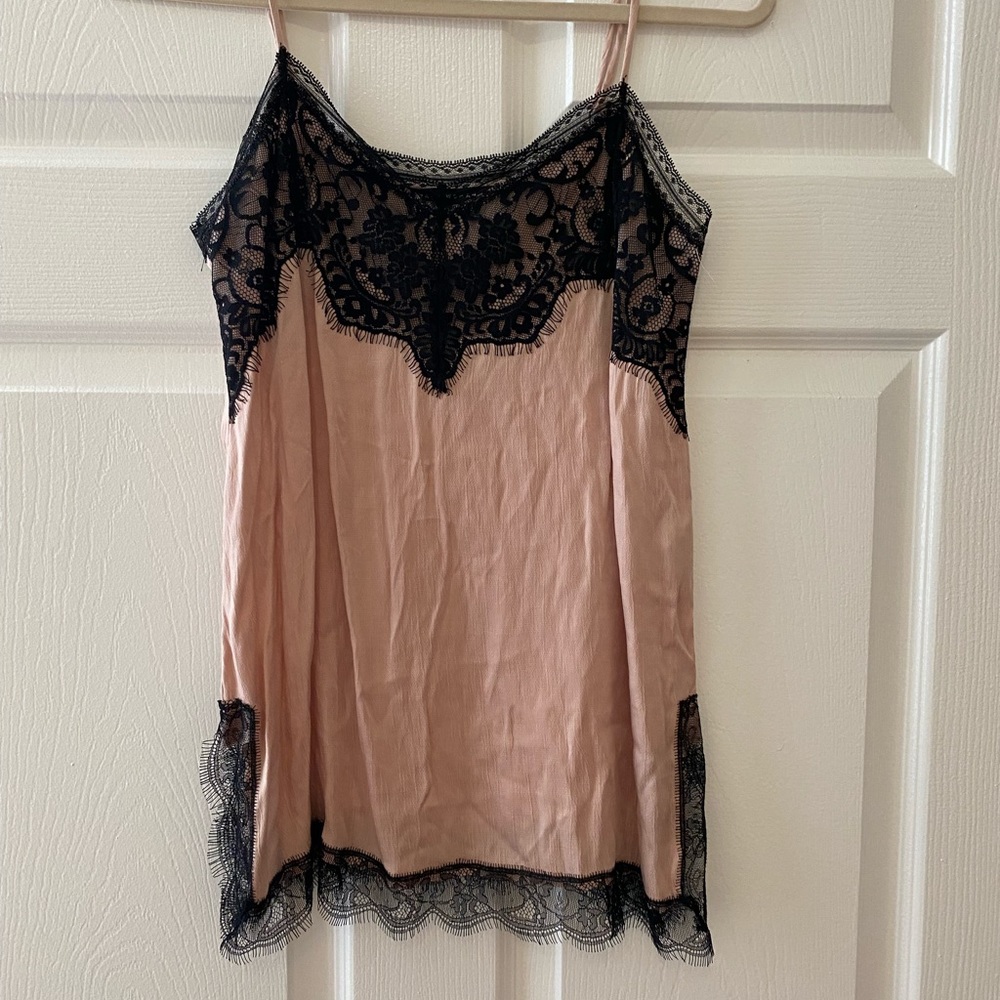ZARA Pink Satin Cami Black Lace Trim